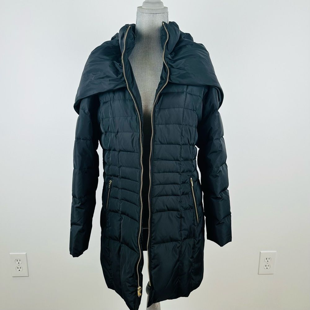 Cole Haan Black Down Puffer Coat SZ M Gold Zipper Quilted Hooded Winter Jacket